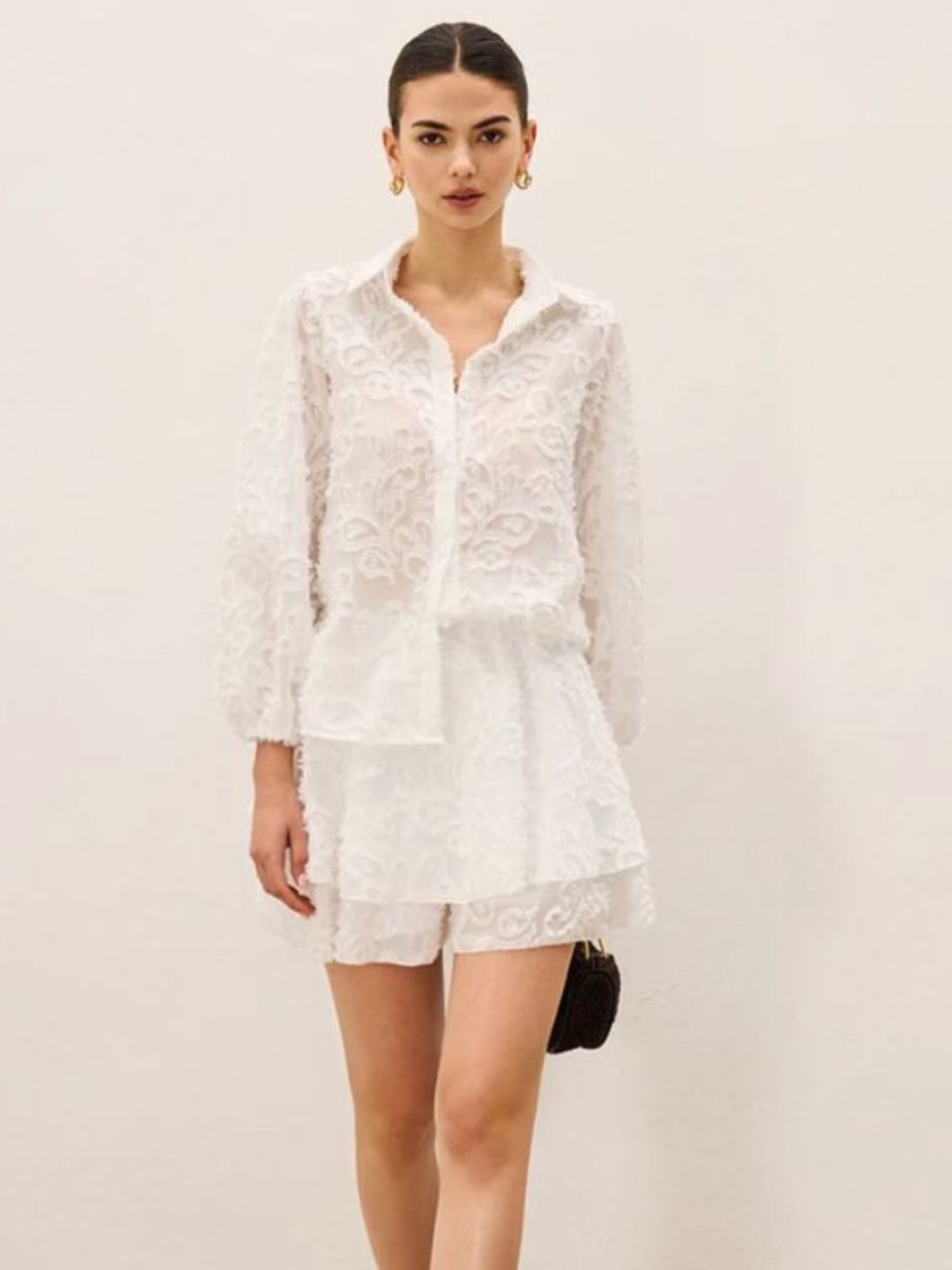 Commense Embroidered Texture 3D Applique White Sheer Co-Ord 2 Piece Set Medium